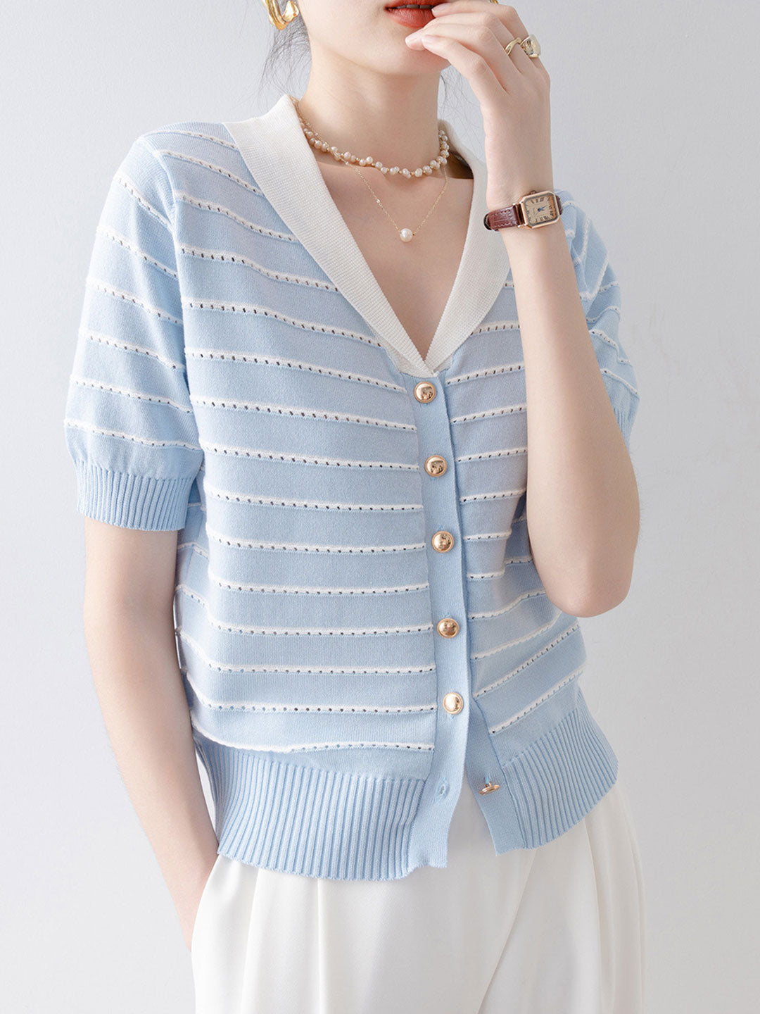 Hannah Loose V-Neck Hollowed Knitted Top