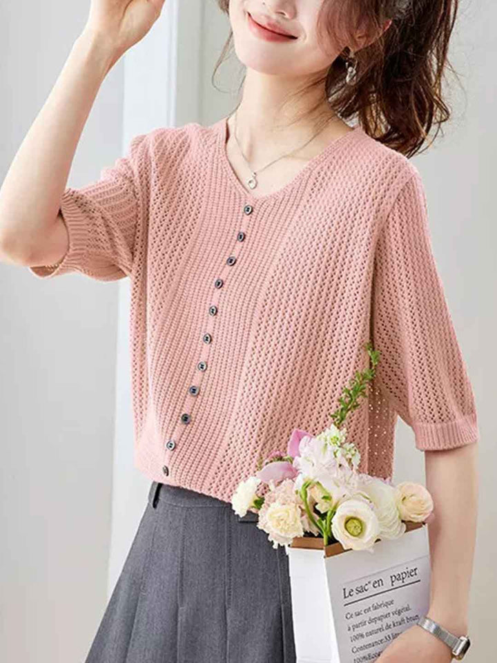 Emma Casual V-Neck Hollowed Knitted Top