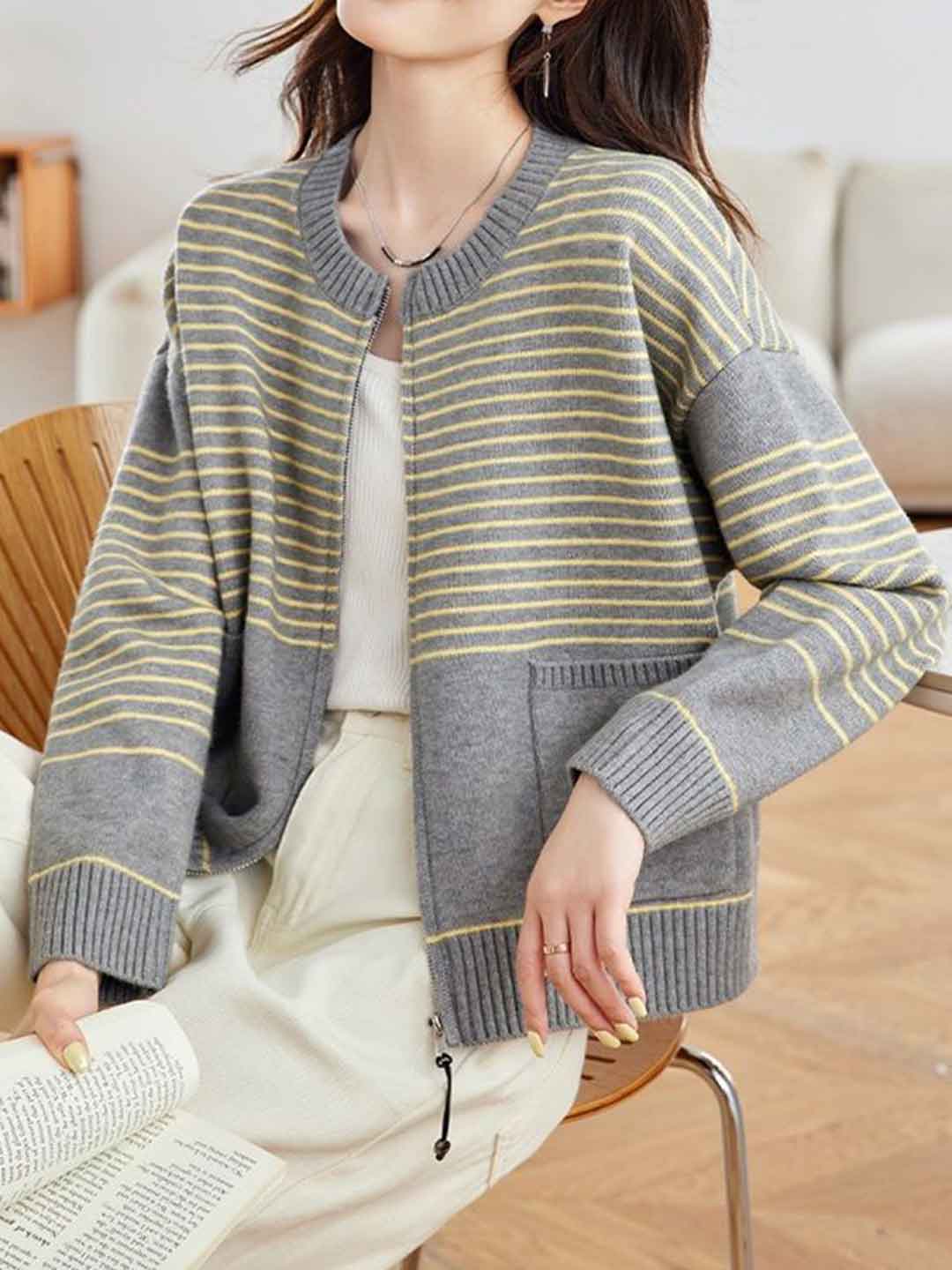 Ava Casual Crew Neck Striped Knitted Cardigan