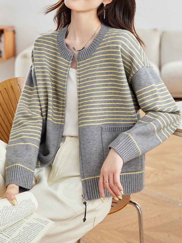 Ava Casual Crew Neck Striped Knitted Cardigan