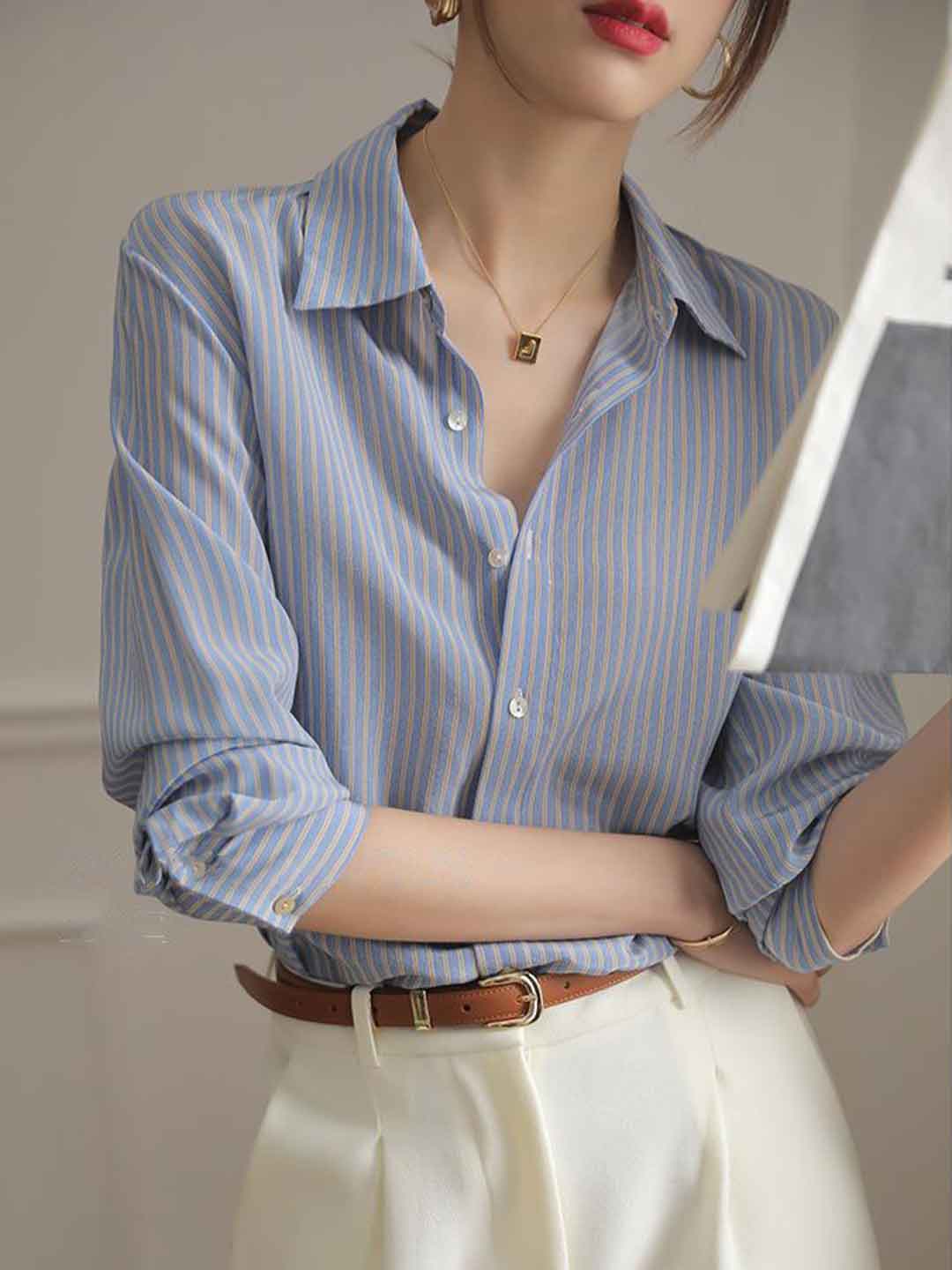 Sophie Classic Polo Collar Striped Shirt