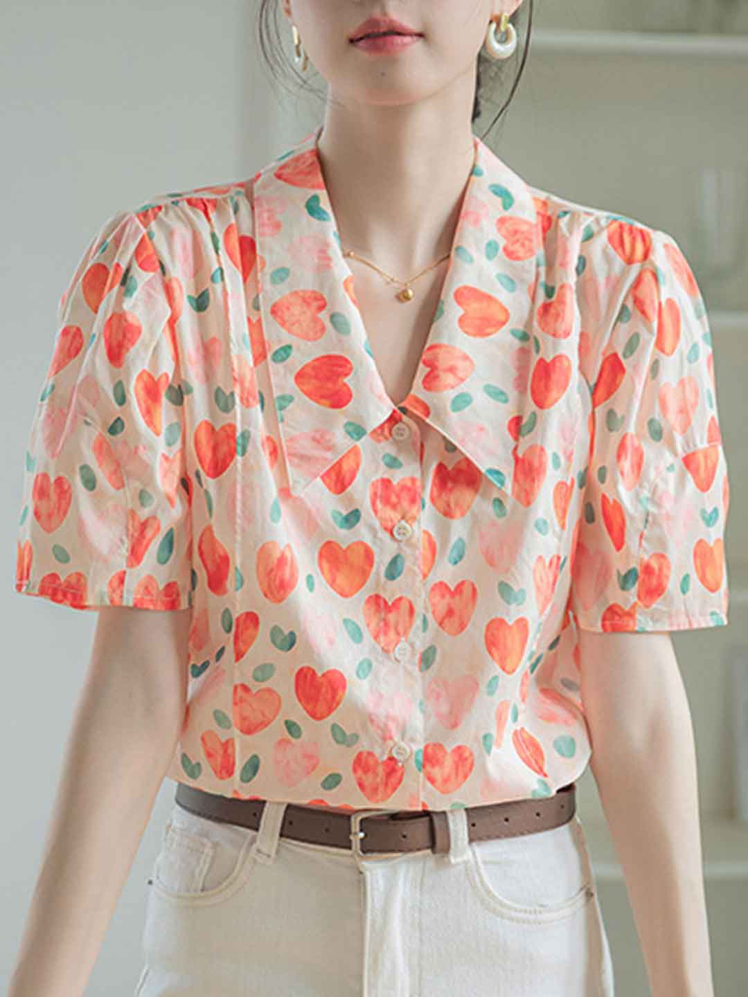 Camila Retro Polo Neck Puff Sleeve Floral Top