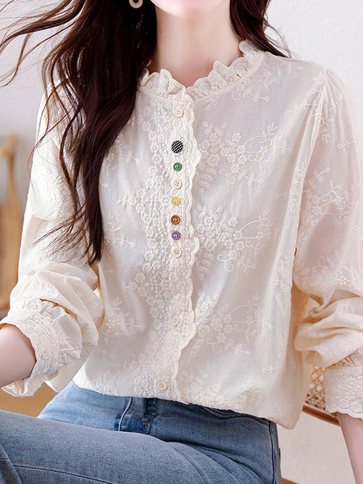 Emily Classic Solid Color Hollowed Embroidered Top