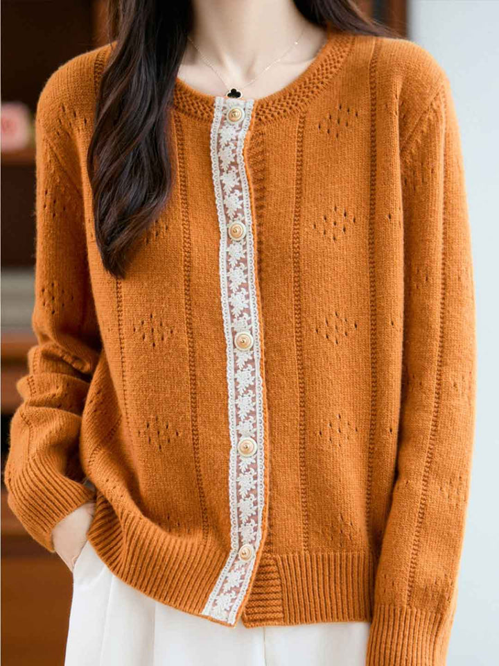 Julia Loose Crew Neck Solid Color Lace Knitted Cardigan