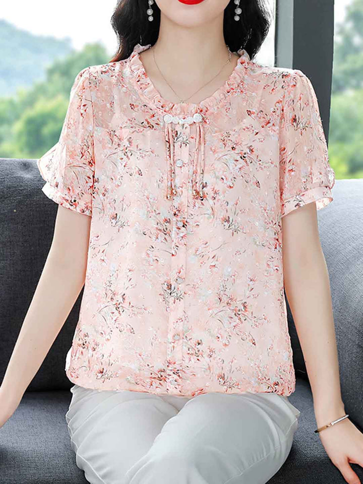 Aubrey Loose Crew Neck Floral Chiffon Blouse