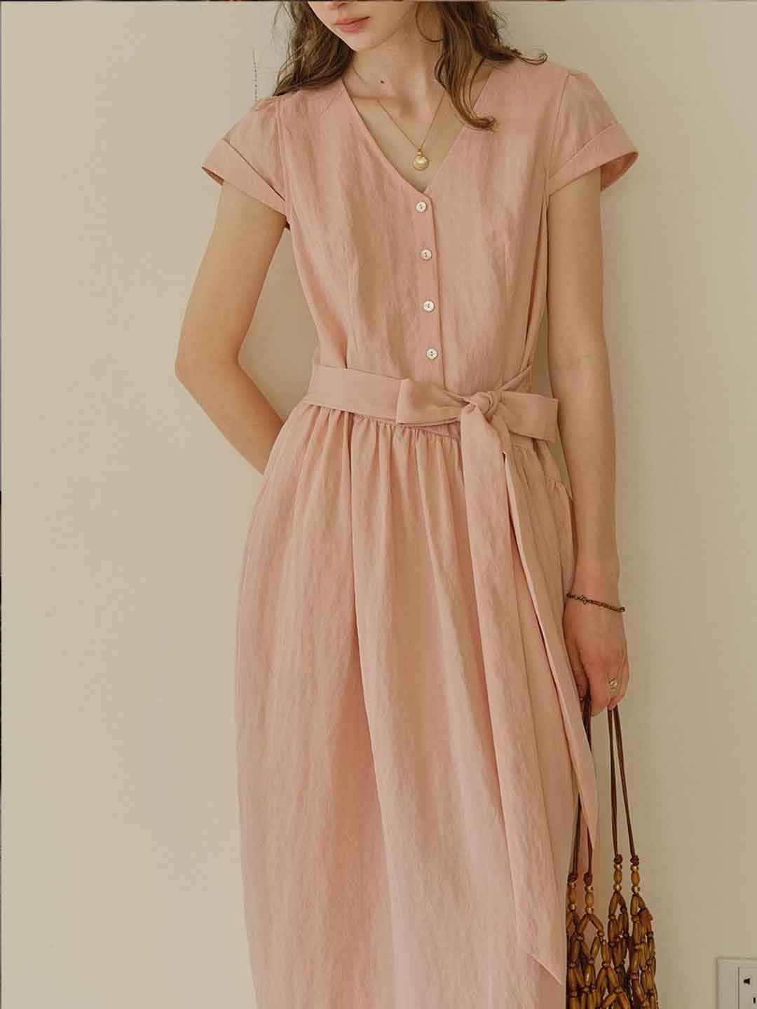Taylor Elegant V-Neck Waisted Tie Dress