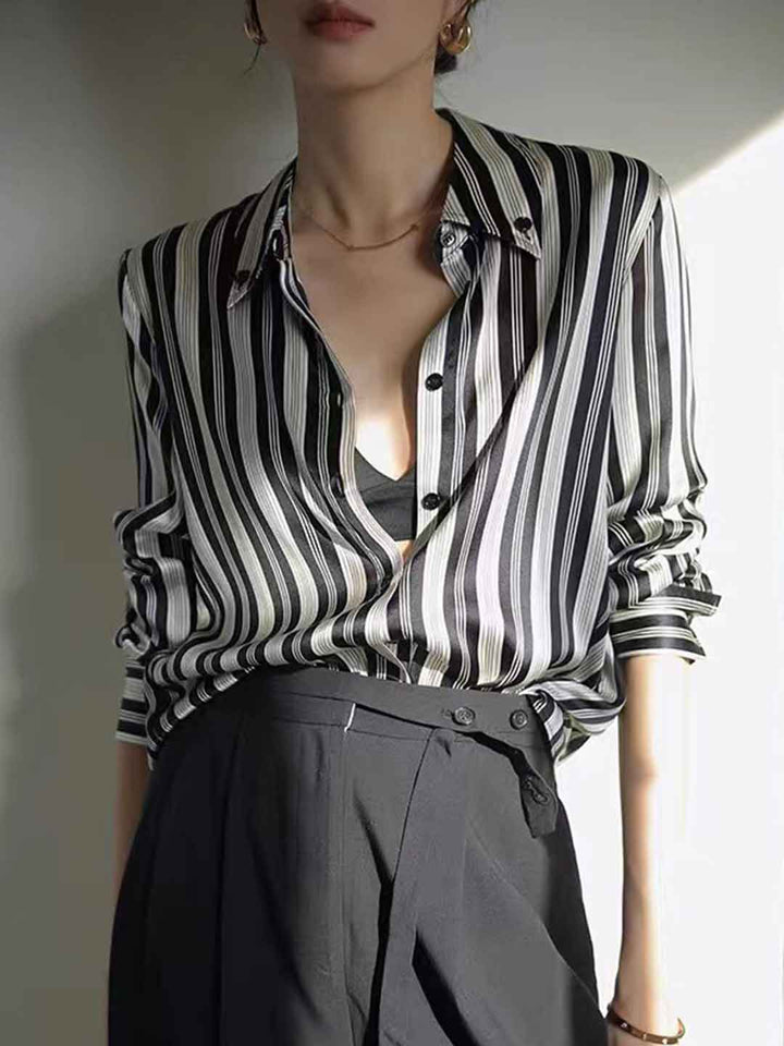Olivia Loose Lapel Striped Satin Shirt