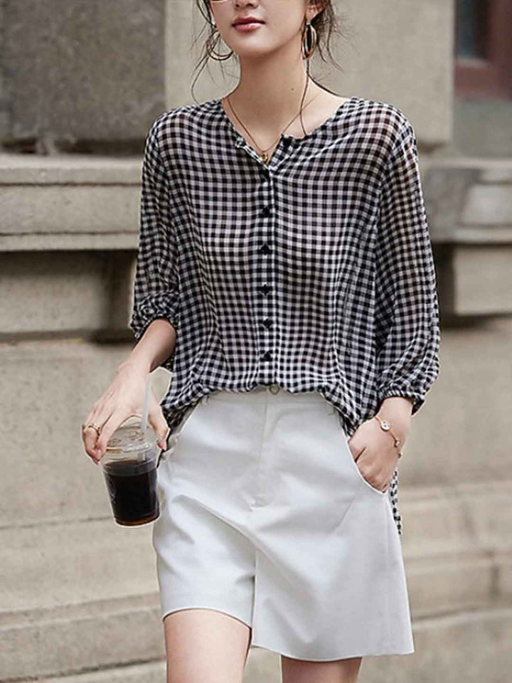 Peyton Vintage Crew Neck Plaid Printed Chiffon Blouse