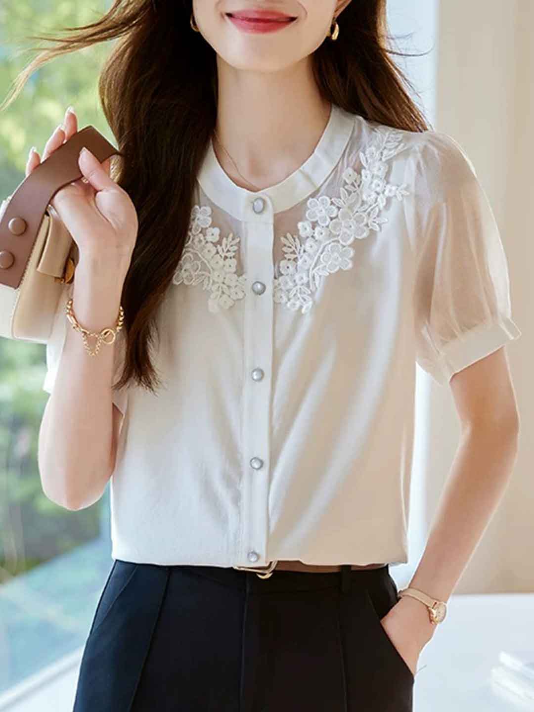 Kaylee Elegant V-Neck Puff Sleeve Embroidered Chiffon Top