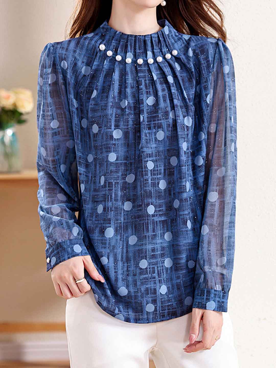 Lauren Daily Stand-Up Collar Beaded Top