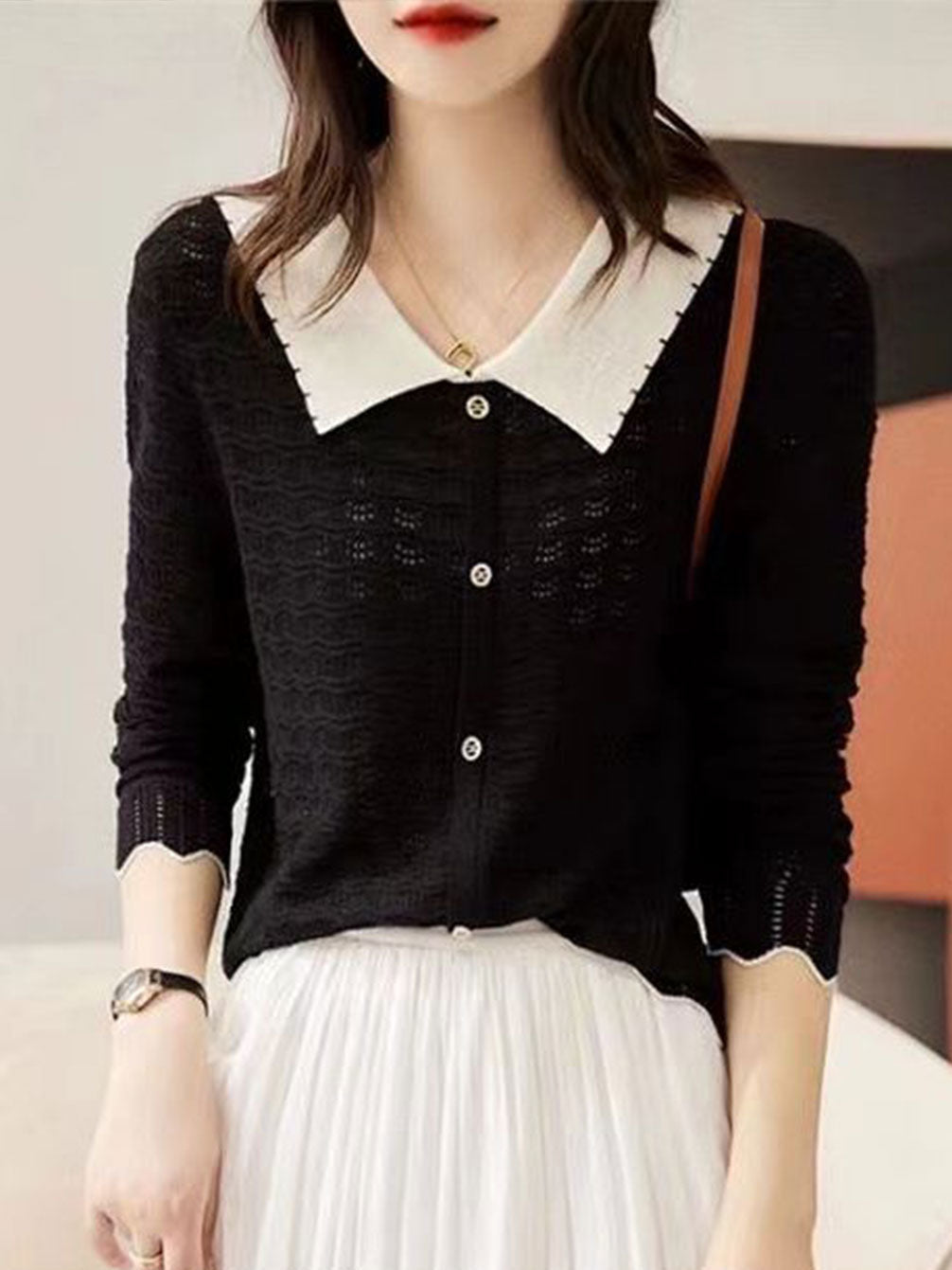 Kayla Retro Contrast Color Doll Collar Knitted Top