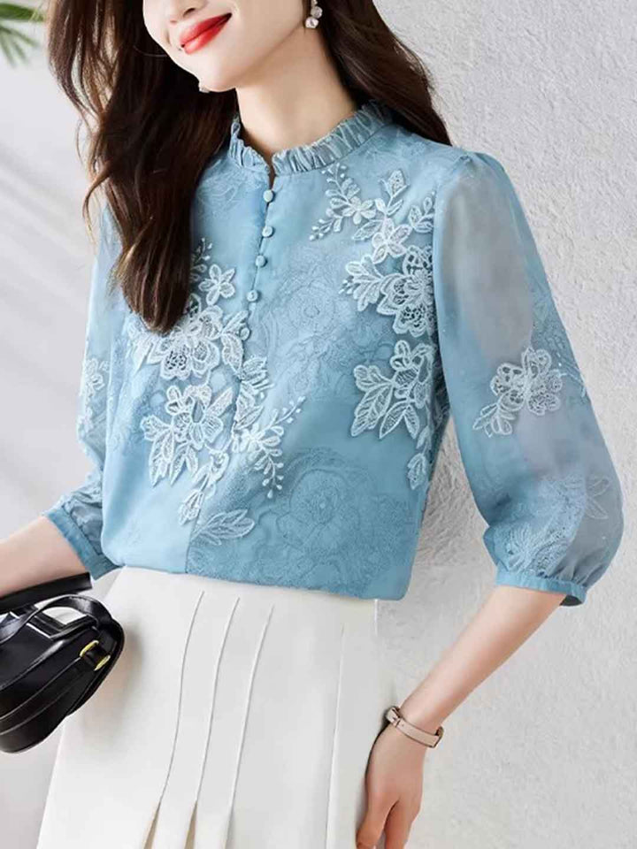 Brianna Loose Auricular Collar Printed Top