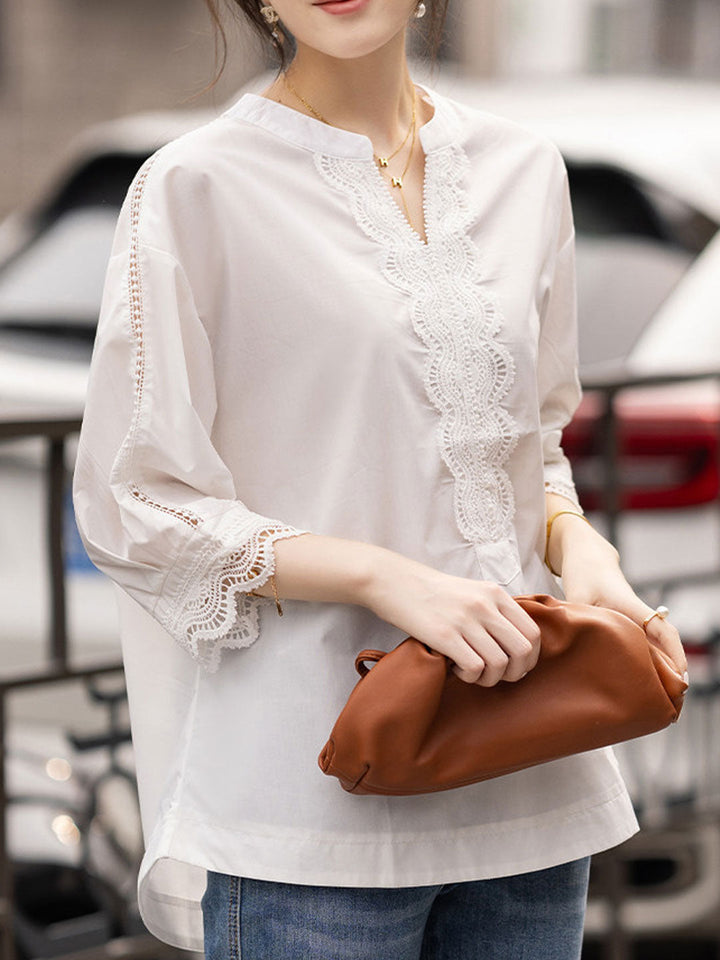 Emily Loose V-Neck Lace Trimmed Top