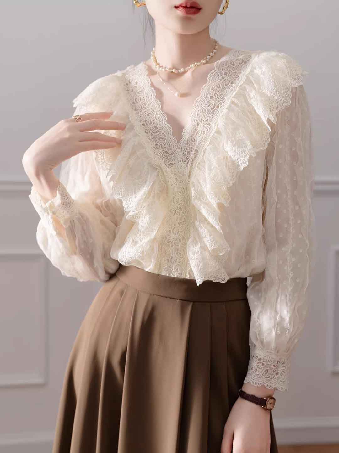 Mia Elegant V-Neck Ruffled Lace Blouse