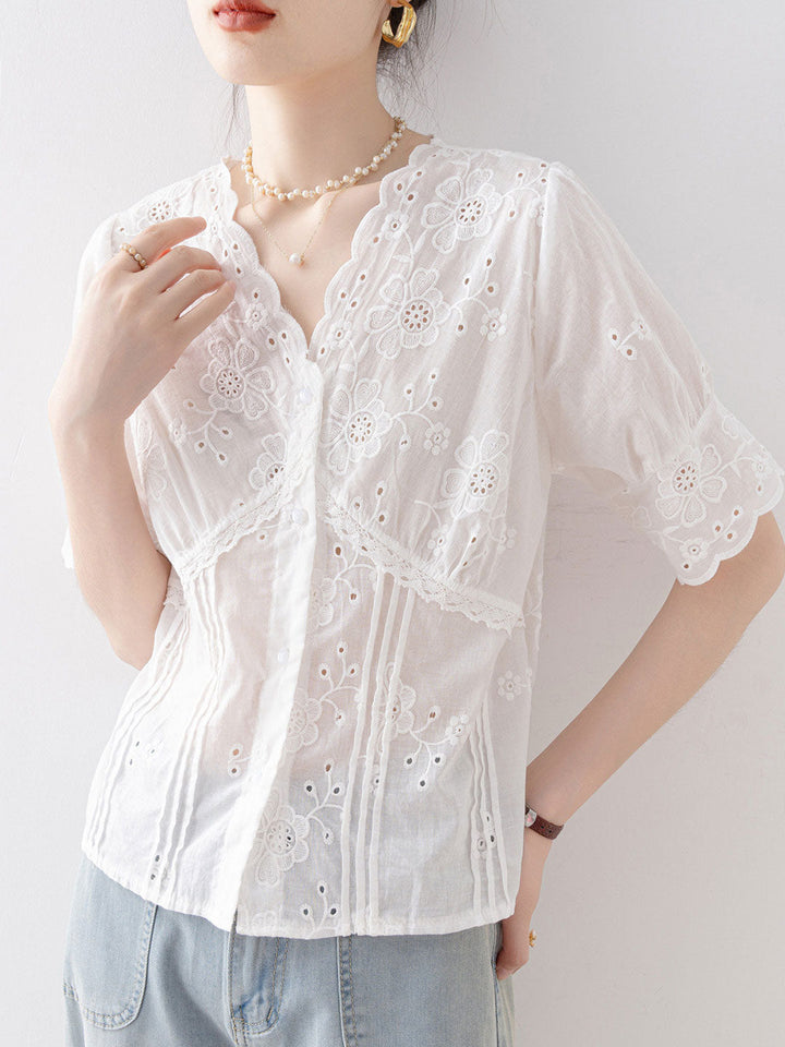 Avery Daily V-Neck Puff Sleeve Hollowed Blouse