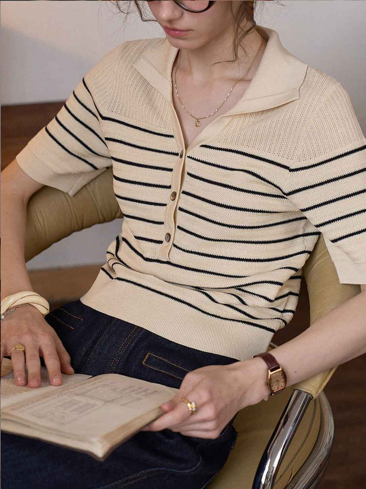 Anna Loose Polo Collar Striped Knitted Top