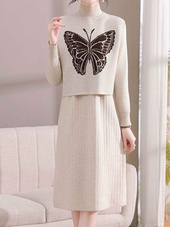 Jessica Loose Turtleneck Butterfly Printed Knitted Dress