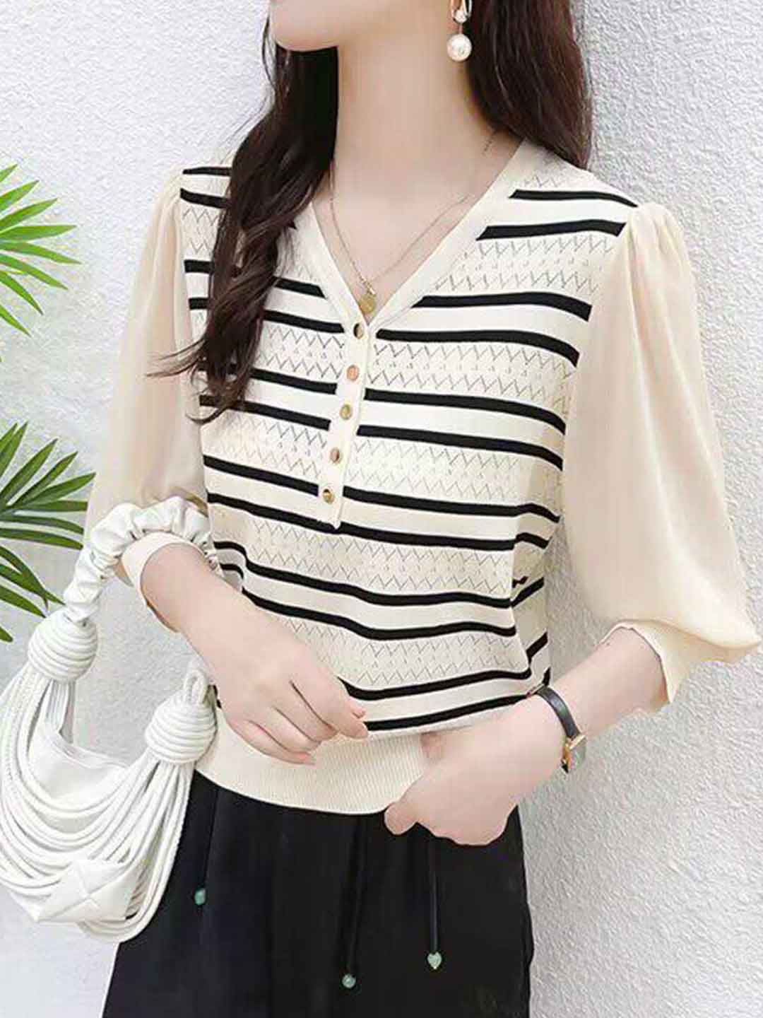 Avery Loose V-Neck Striped Chiffon Top