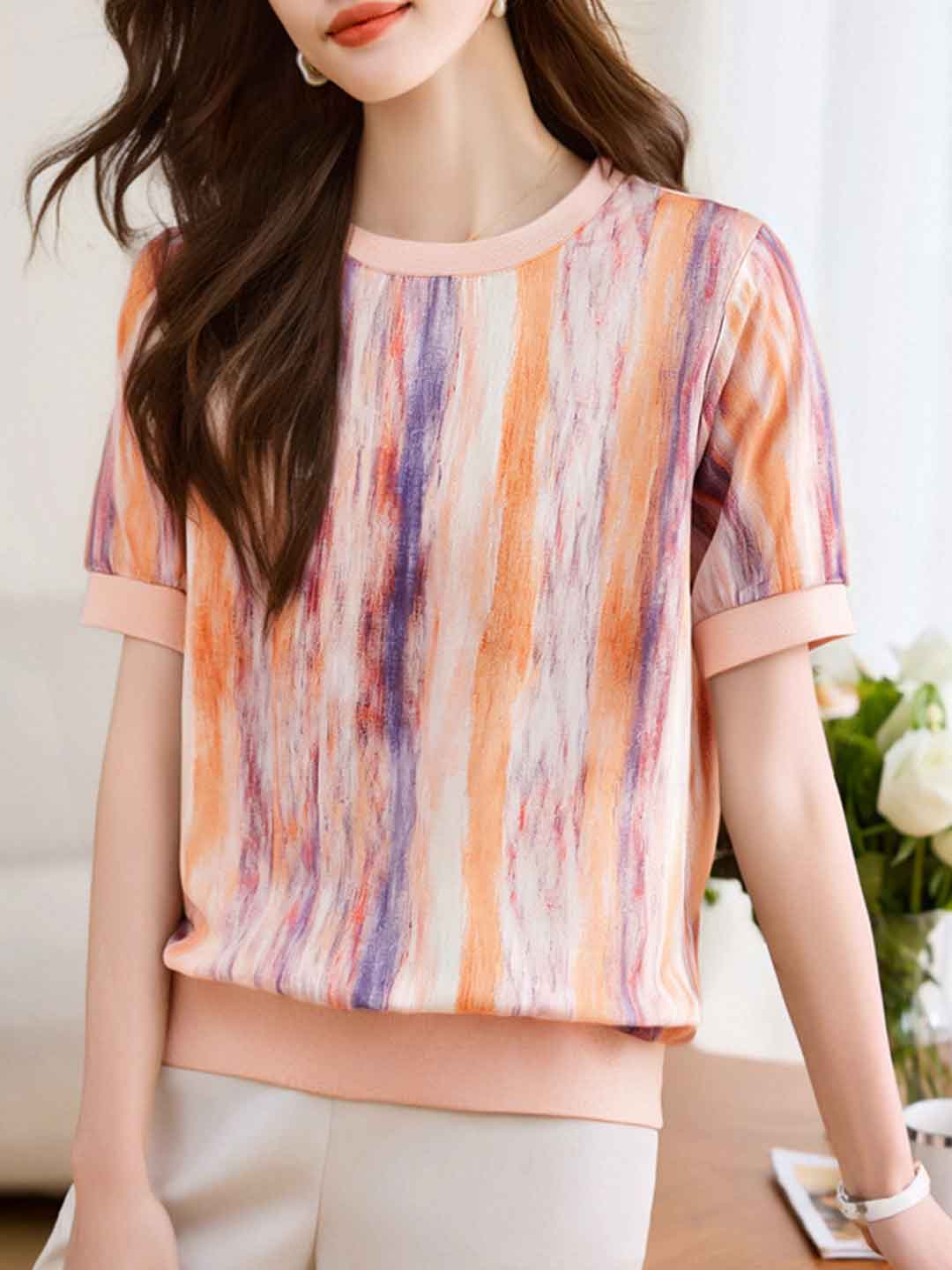 Lillian Loose Crew Neck Printed Colorful Top