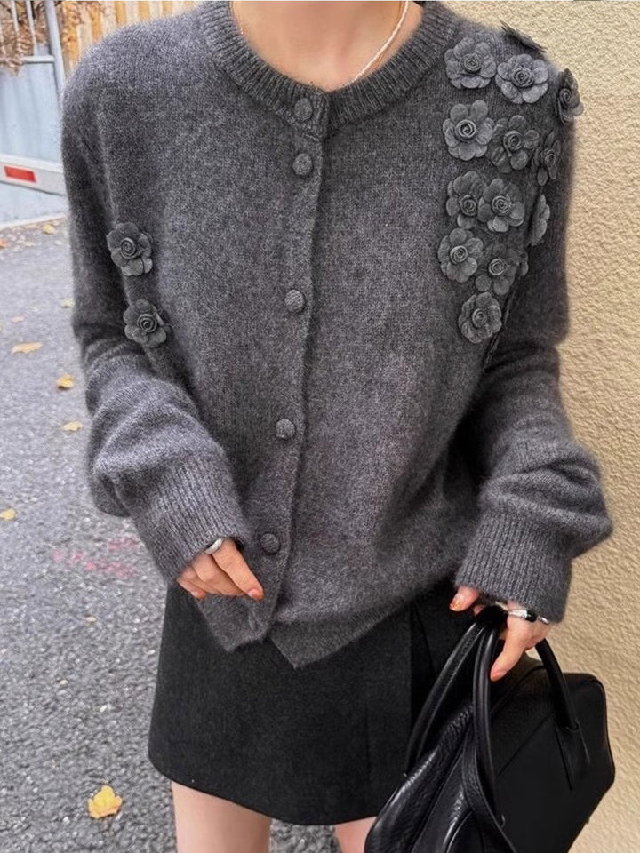 Aubrey Classic Crew Neck Flower Knitted Cardigan