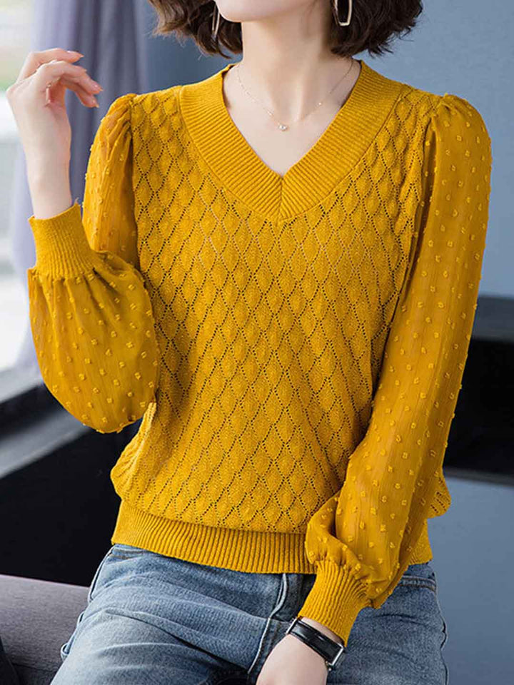 Taylor Classic V-Neck Sheer Sleeve Solid Color Top