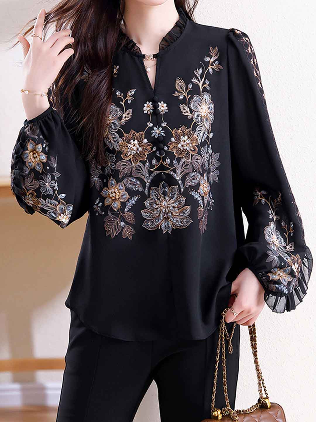 Kaylee Loose V-Neck Puff Sleeve Printed Chiffon Blouse