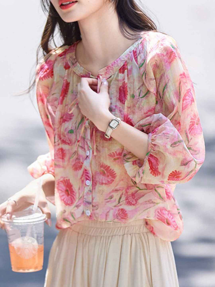 Brianna Loose Crew Neck Tie Printed Top