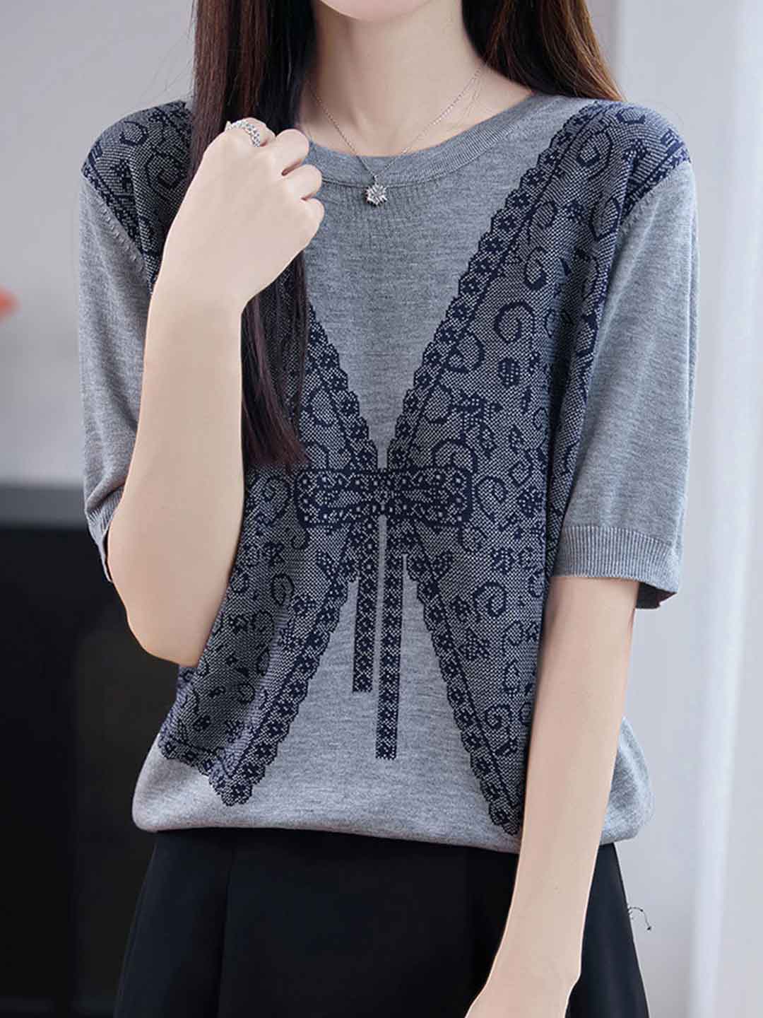 Sophie Loose Crew Neck Color-Block Jacquard Knitted Top