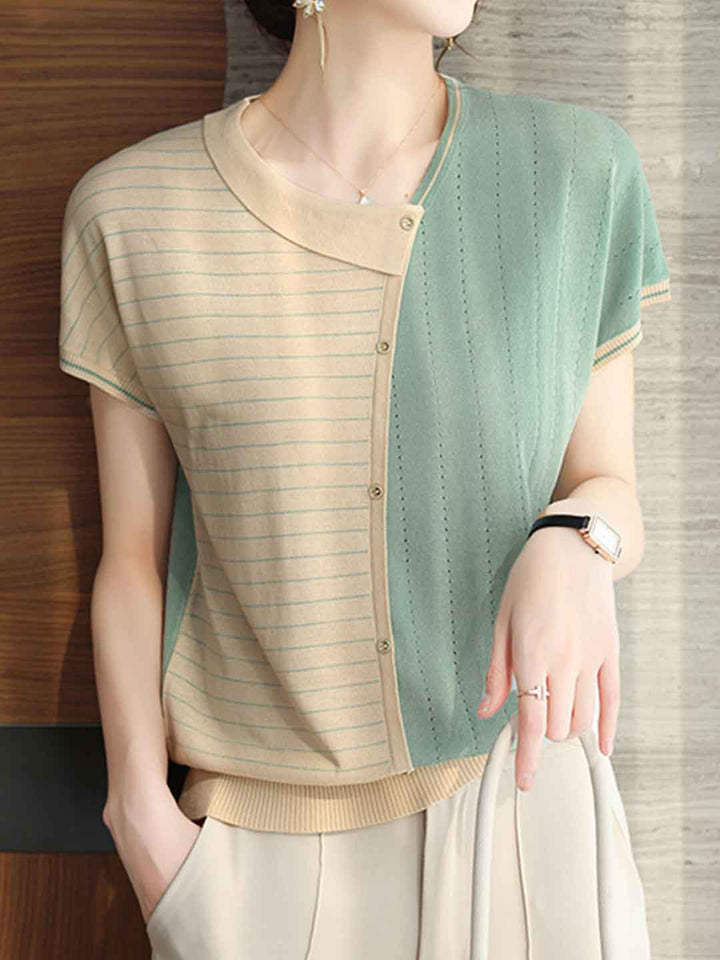 Ella Loose Asymmetrical Collar Color-Blocked Top
