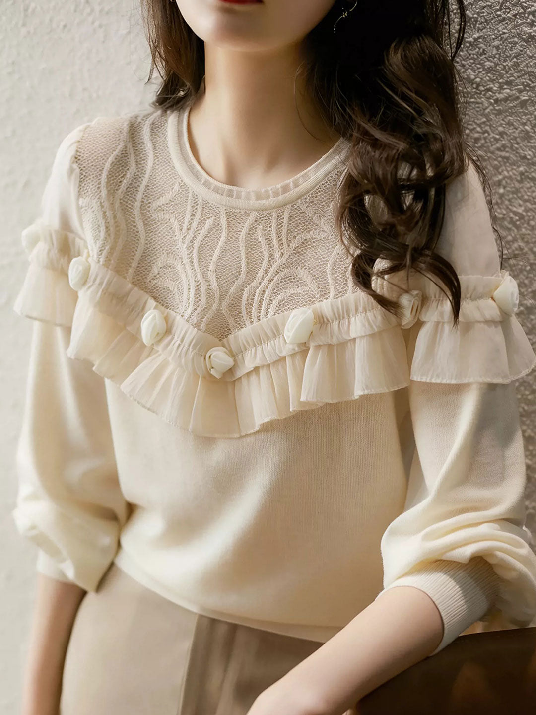 Julia Classic Crew Neck Ruffled Lace Top