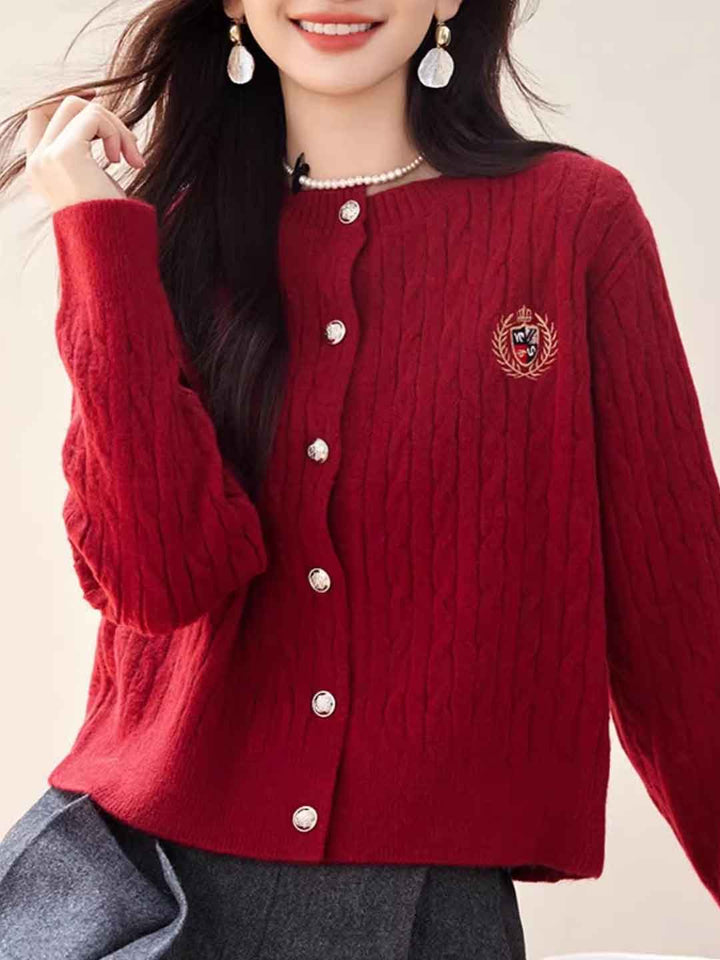 Zoey Loose Crew Neck Embroidered Knitted Cardigan