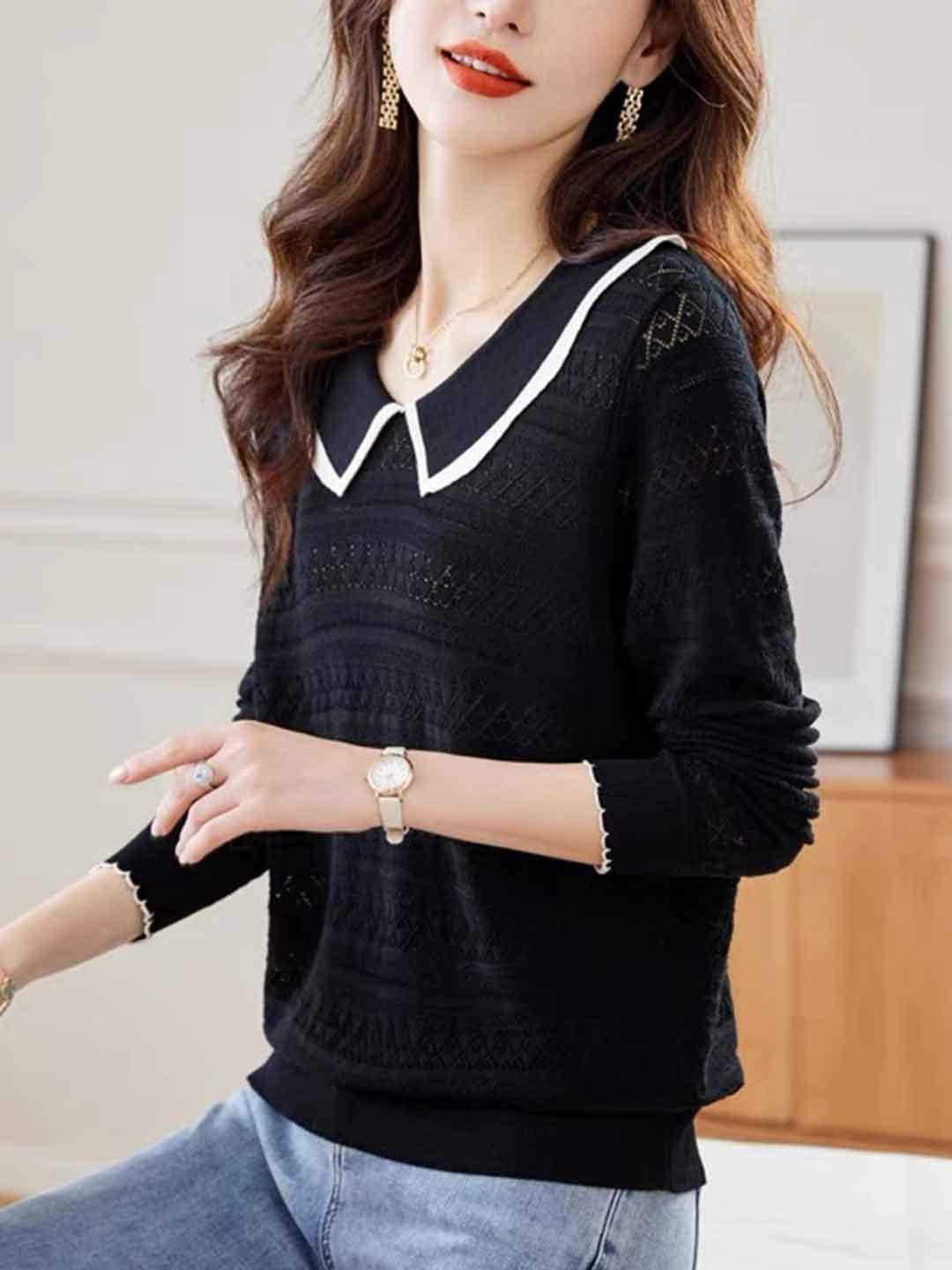 Nevaeh Classic Doll Collar Hollowed Knitted Top