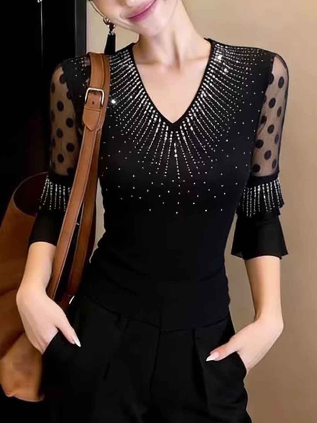 Alyssa Classic V-Neck Mesh Hollowed Rhinestone Top