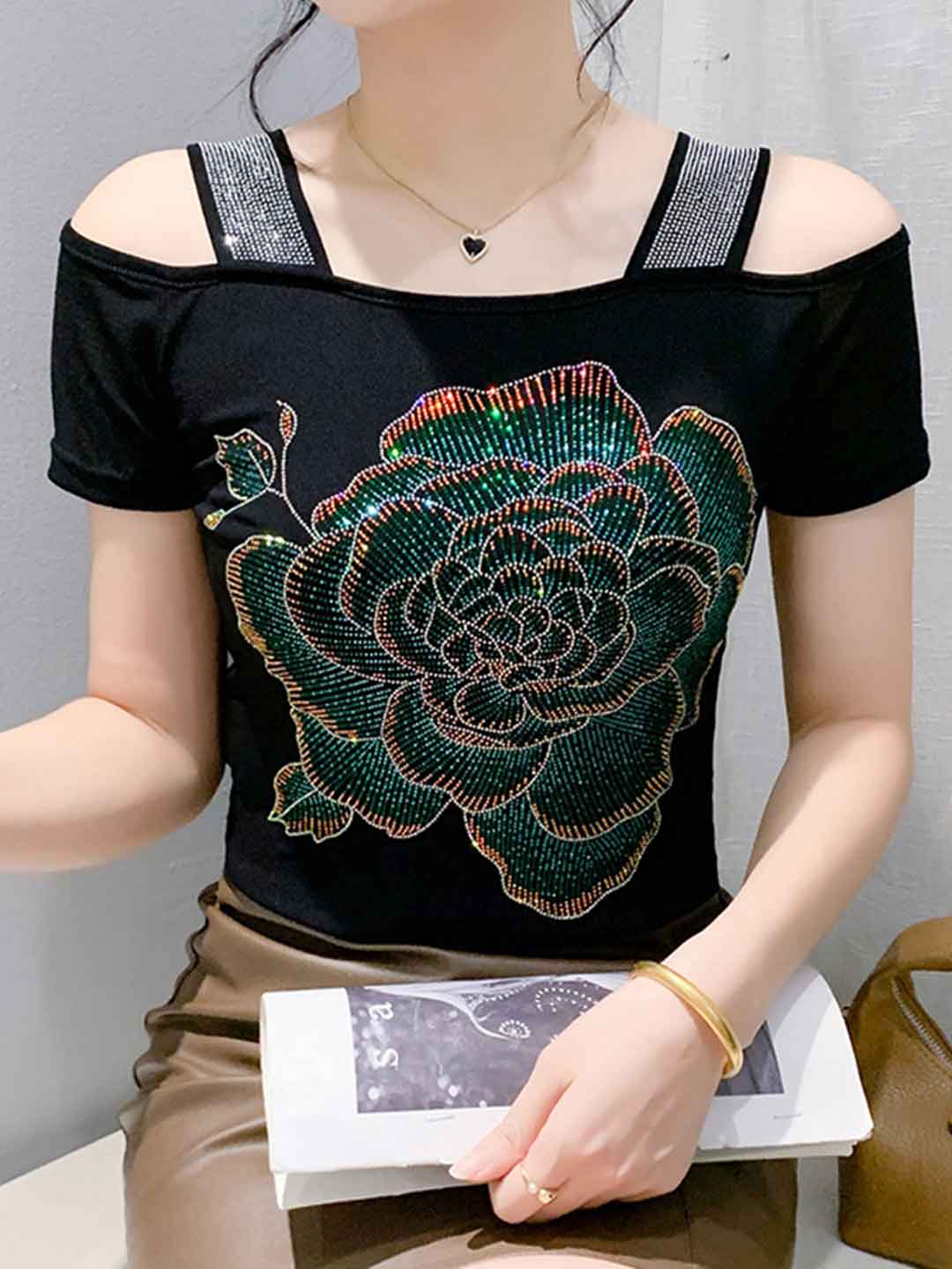 Lily Slim Off-The-Shoulder Mesh Rhinestone Top