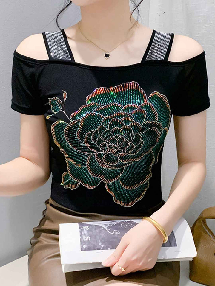 Lily Slim Off-The-Shoulder Mesh Rhinestone Top