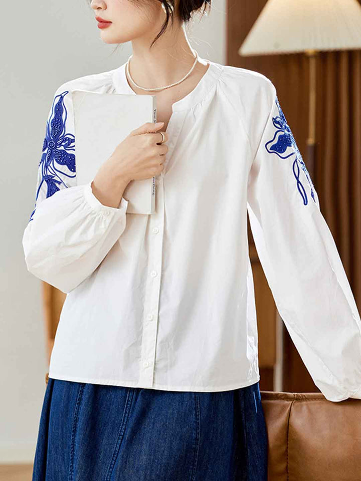 Olivia Loose V-neck Lantern Sleeve Embroidered Top