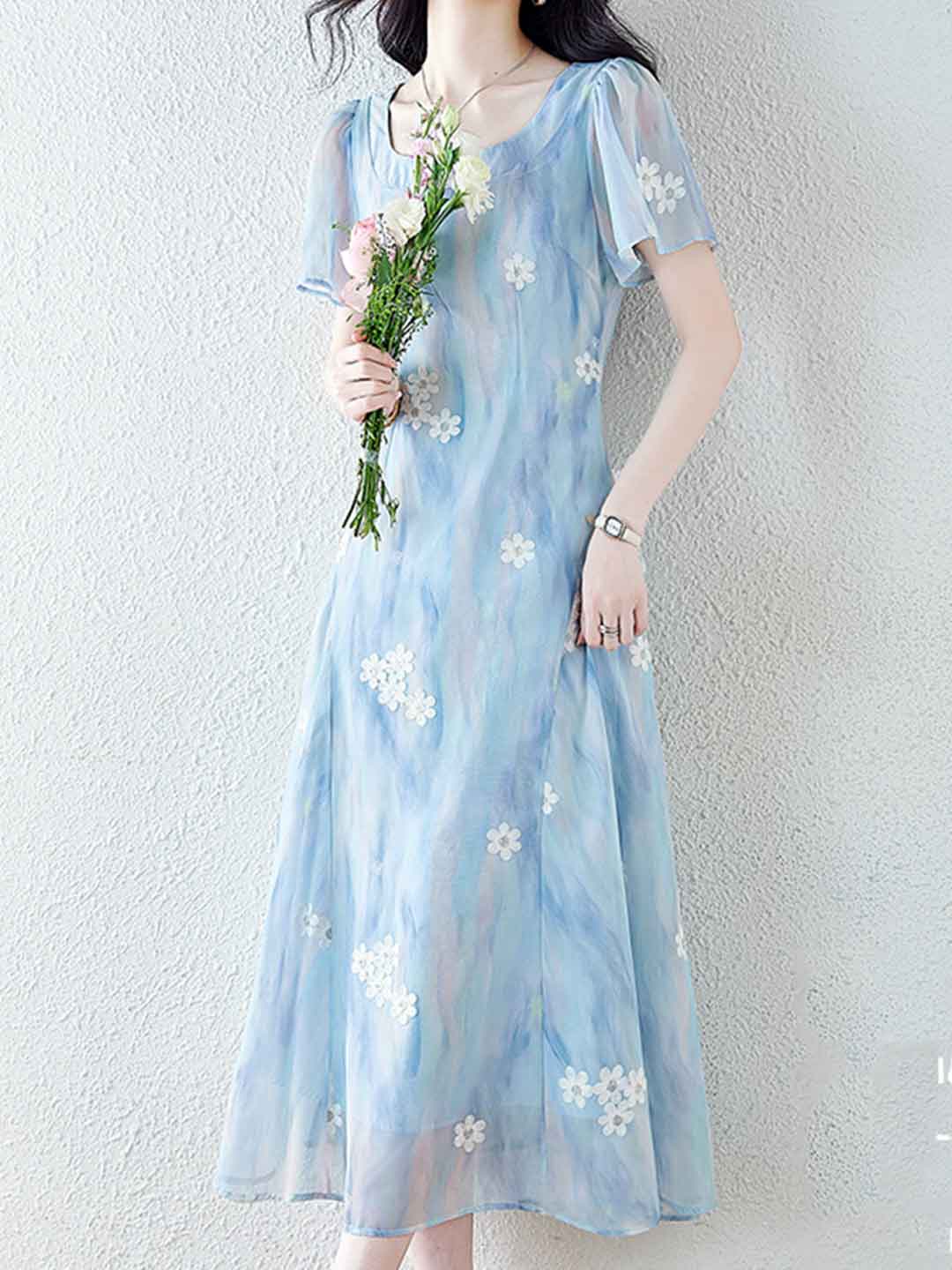 Natalie Vacation Square Neck Embroidered Floral Dress