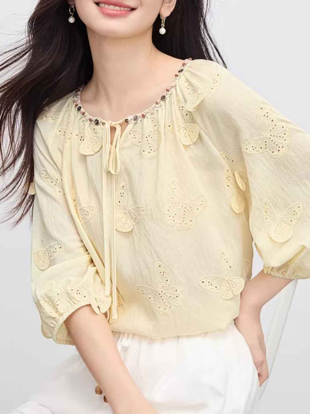 Olivia Retro Crew Neck Butterfly Embroidered Blouse