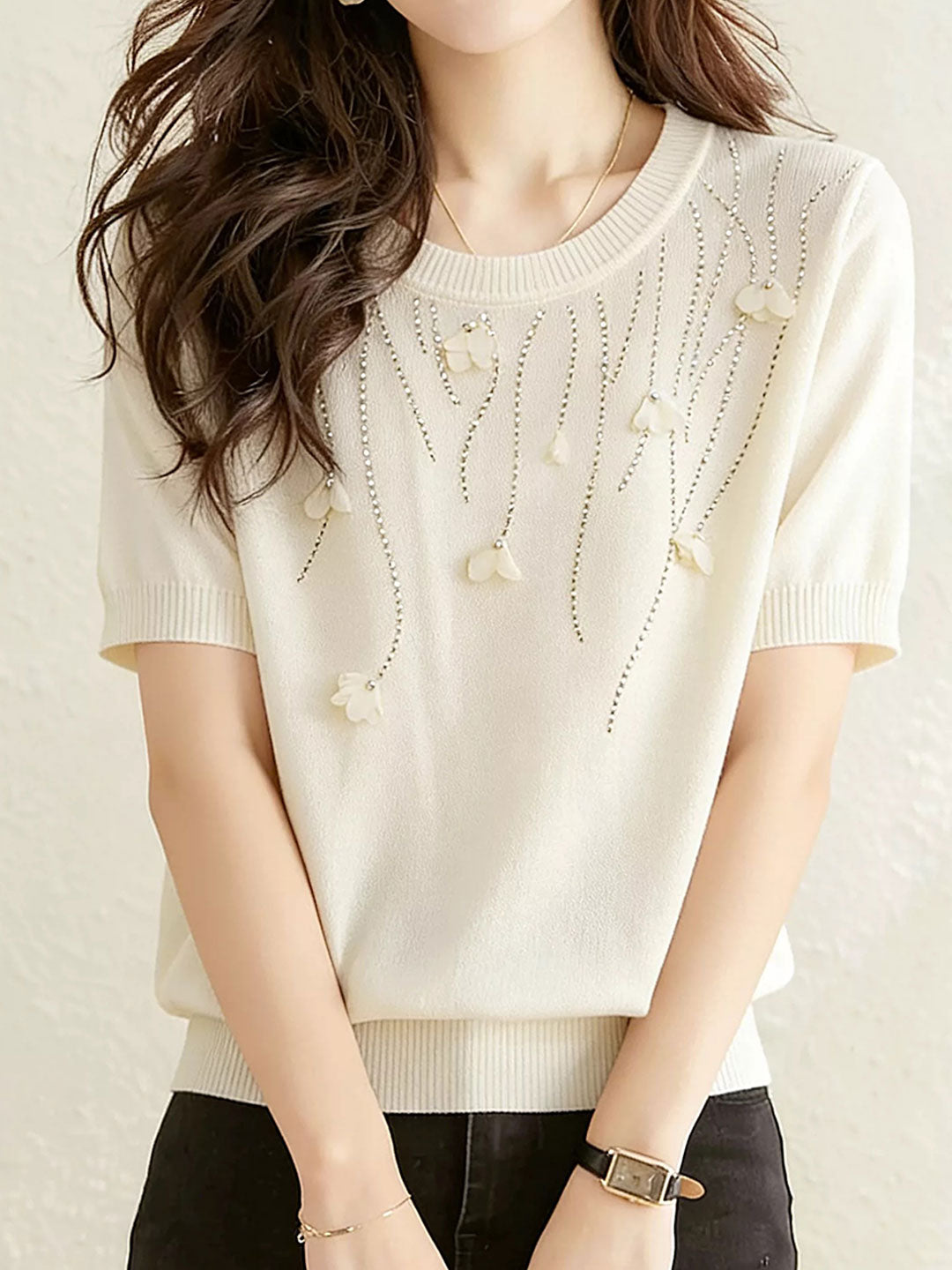Maria Classic Crew Neck Rhinestone Flower Knitted Top