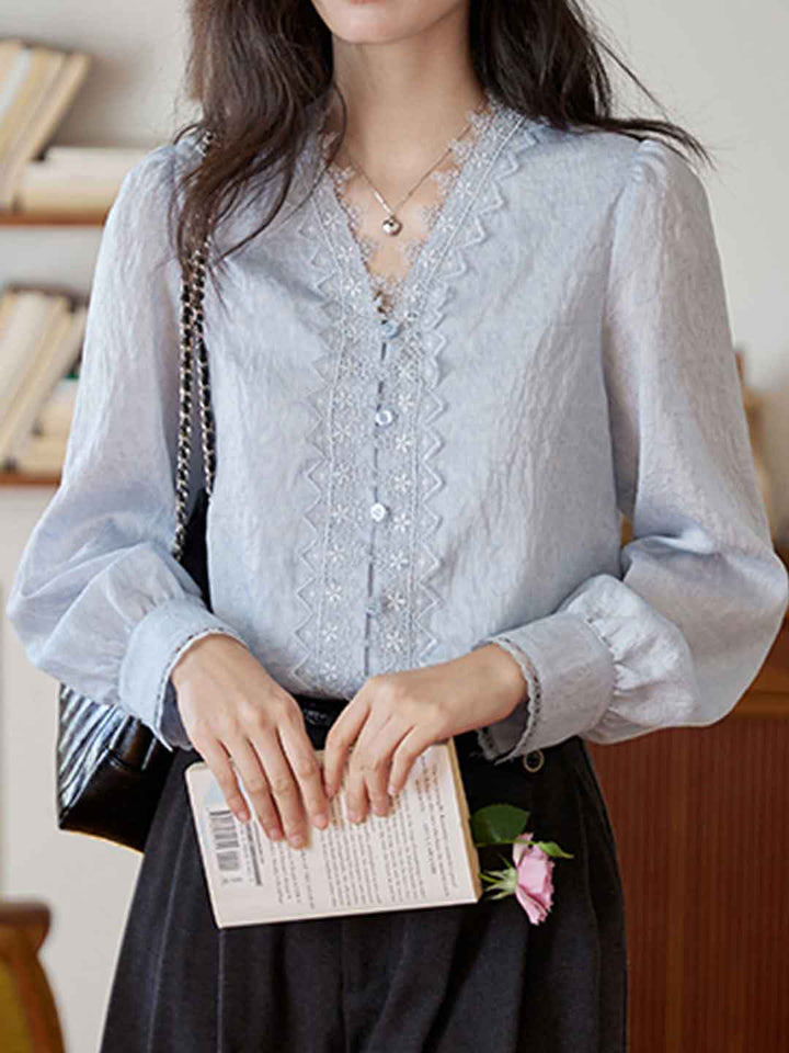 Riley Daily V-Neck Lace Jacquard Blouse