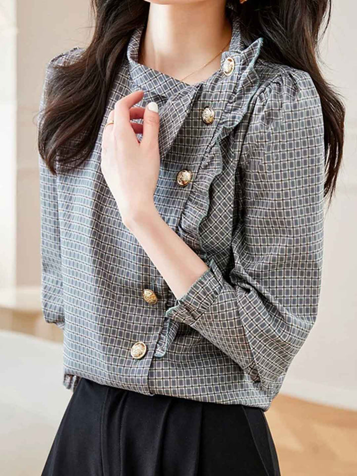 Brianna Chic Doll Collar Puff Sleeve Plaid Shirt