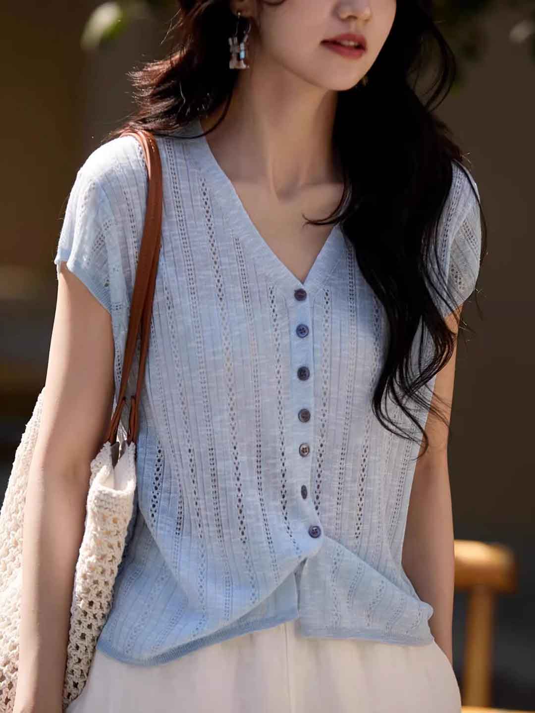 Rachel Classic V-Neck Solid Color Hollowed Knitted Top
