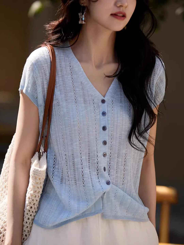 Rachel Classic V-Neck Solid Color Hollowed Knitted Top