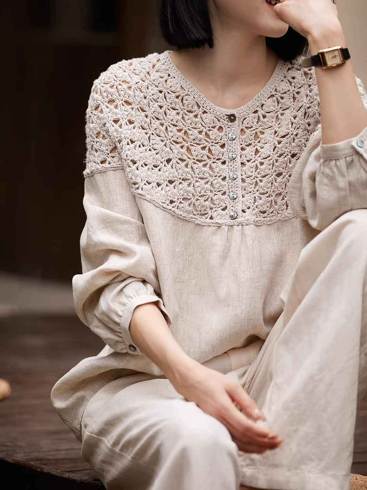 Natalie Loose Crew Neck Hollowed Crochet Top