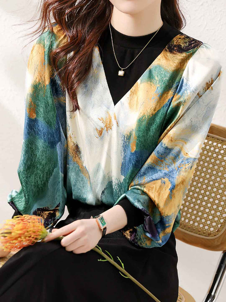 Brianna Casual Crew Neck Lantern Sleeve Patchwork Shirt
