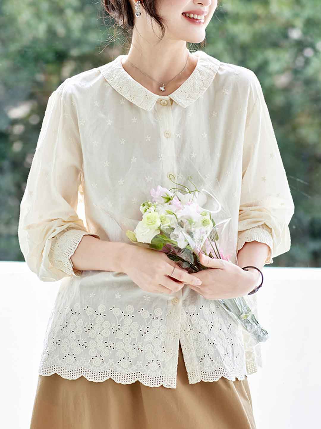 Emily Loose Doll Collar Embroidered Hollowed Top