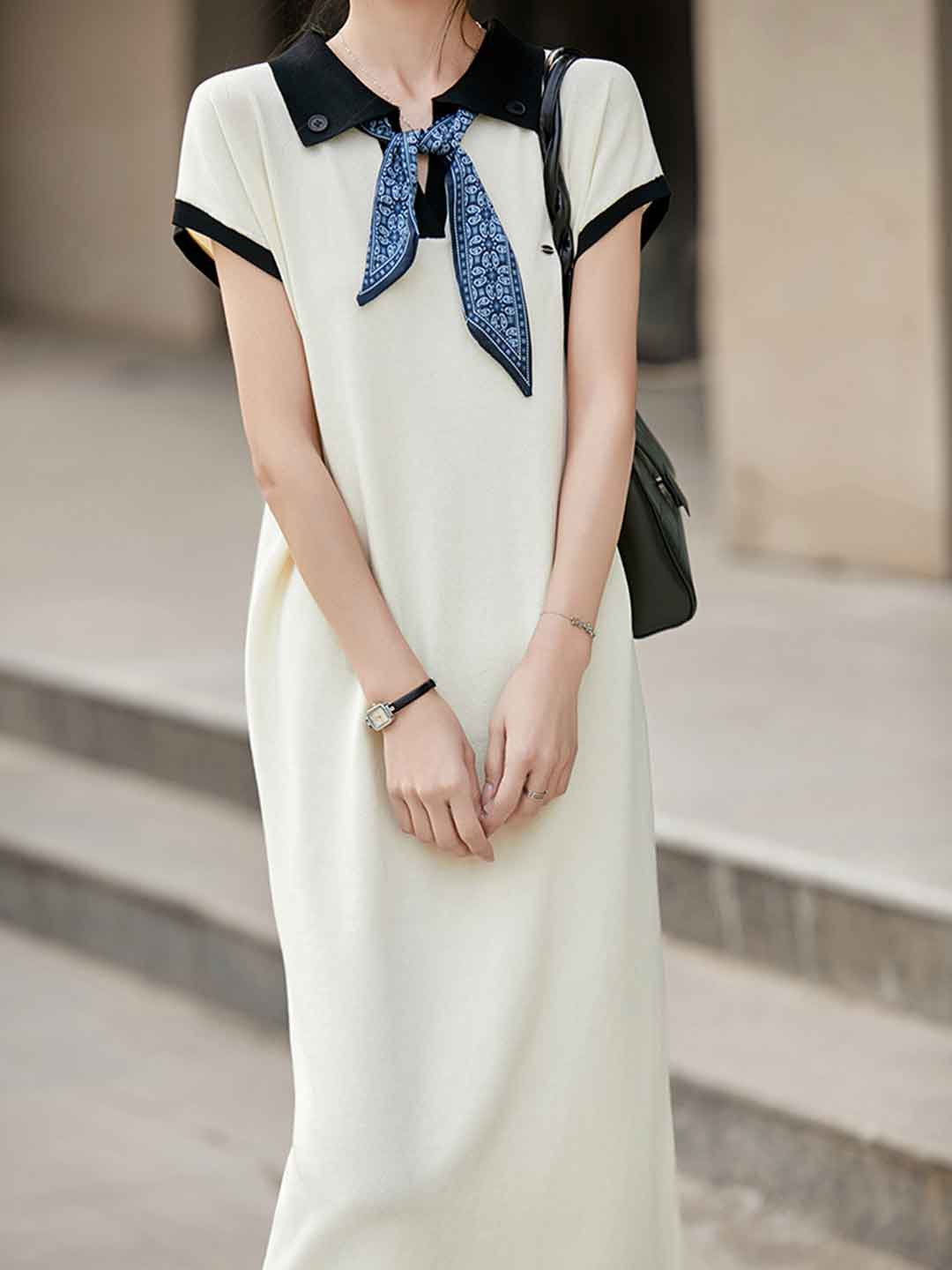 Julia Daily Lapel Scarf Color-Blocked Dress