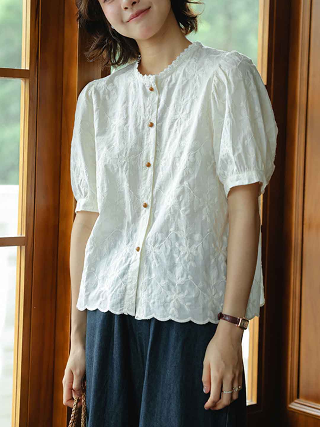 Mya Vacation Crew Neck Lace Trim Embroidered Top