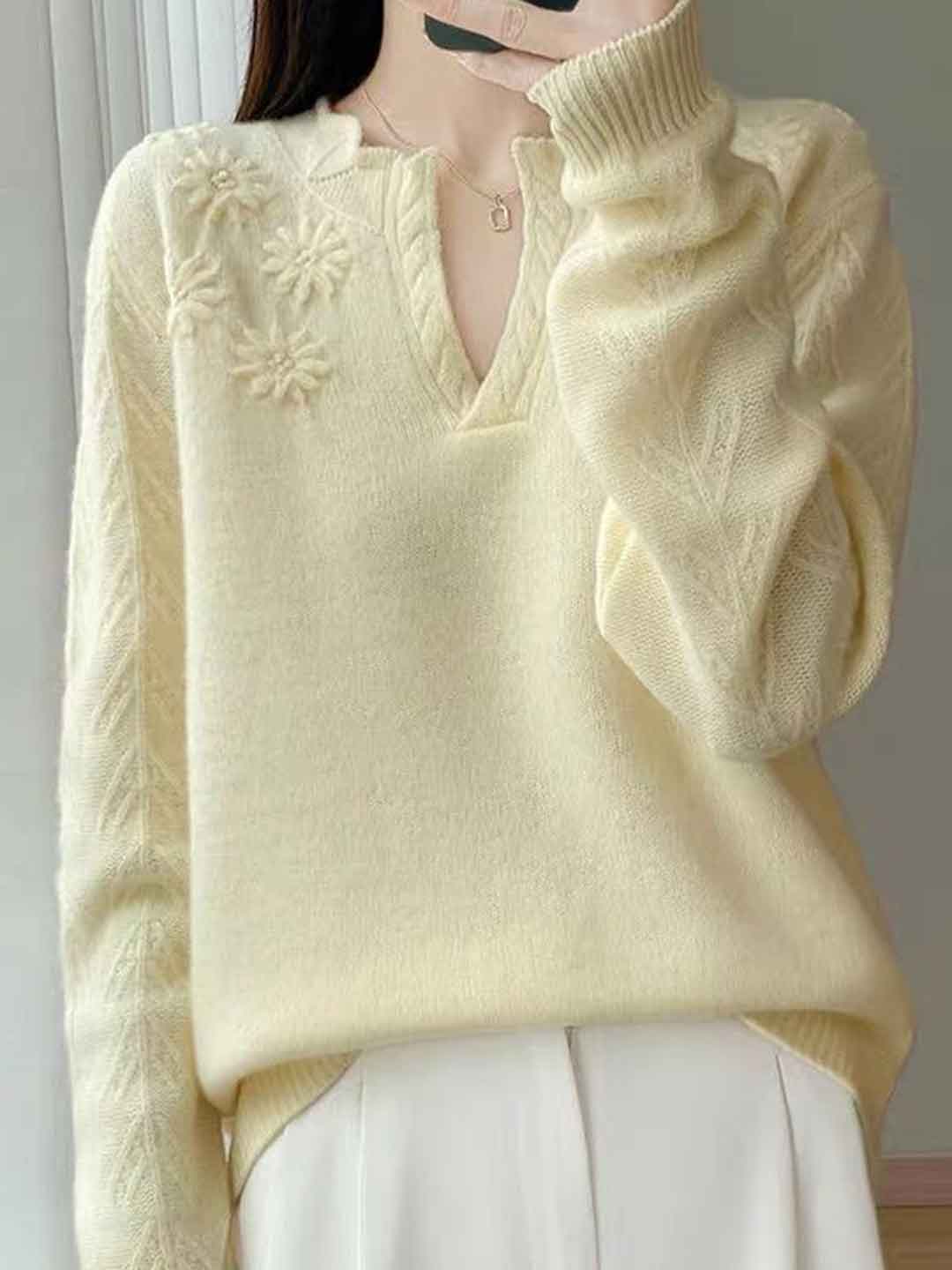 Kaylee Retro V-Neck Embroidered Floral Knitted Sweater