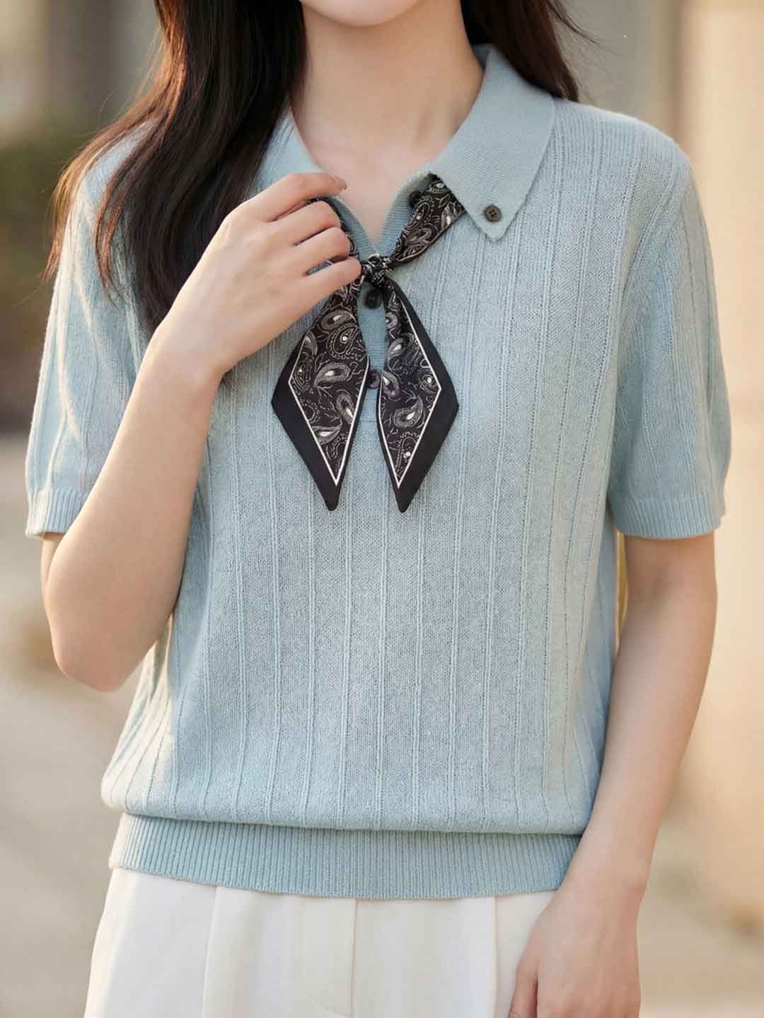 Mia Daily Lapel Solid Color Bow Knitted Top